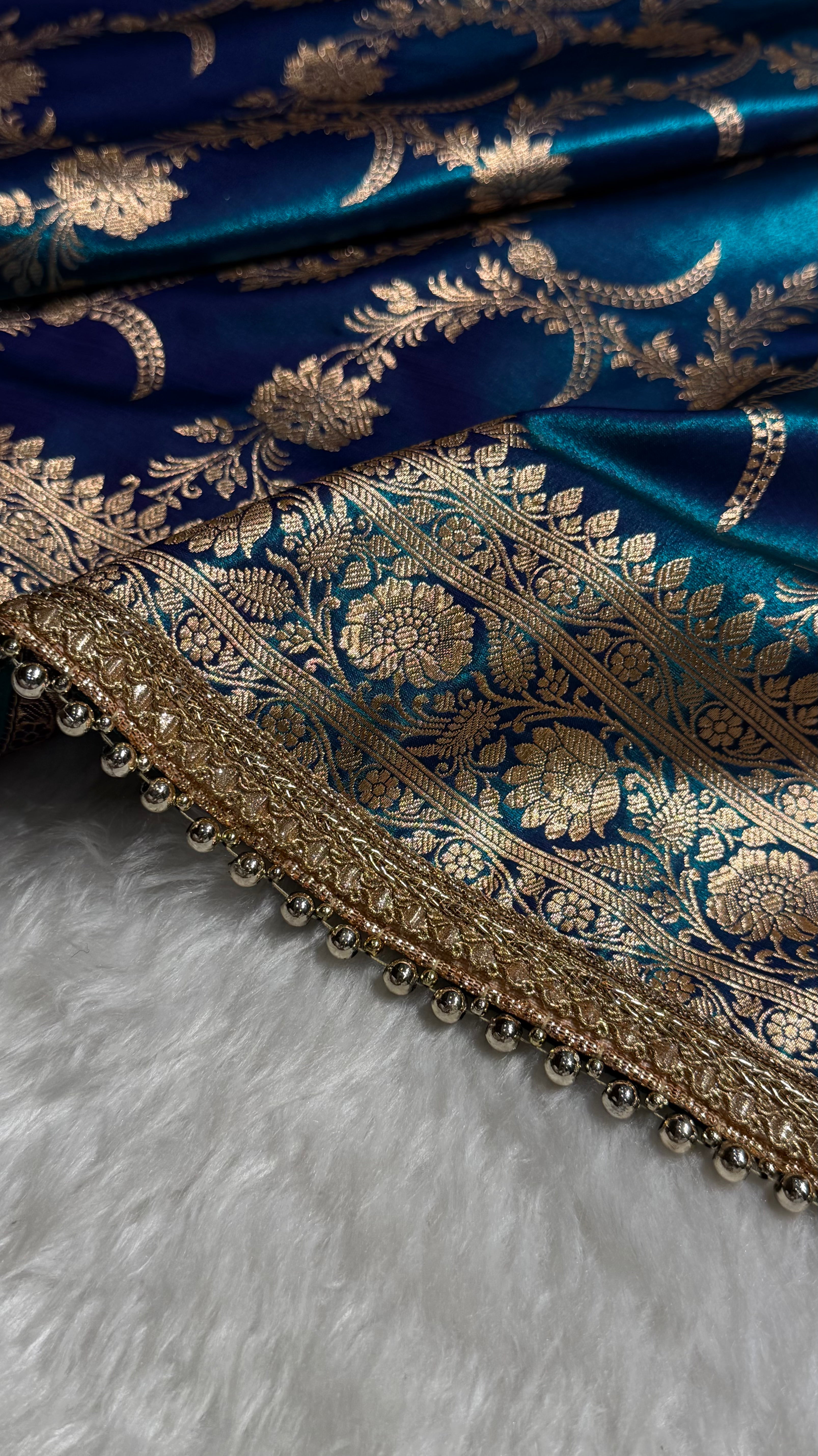 Satin Silk Banarasi Jaal In Peacock Shades With Gotta Patti SSGP18