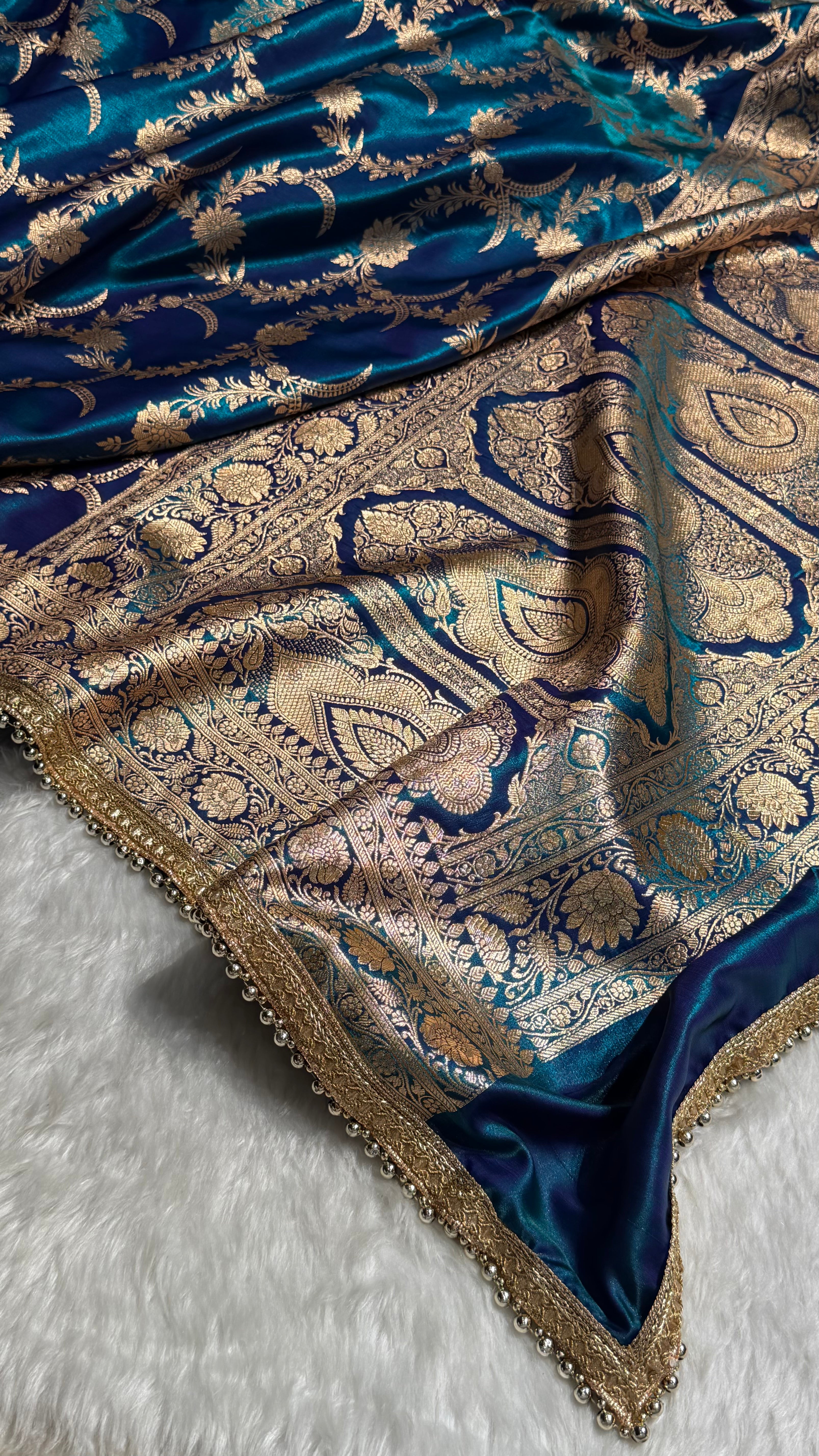 Satin Silk Banarasi Jaal In Peacock Shades With Gotta Patti SSGP18