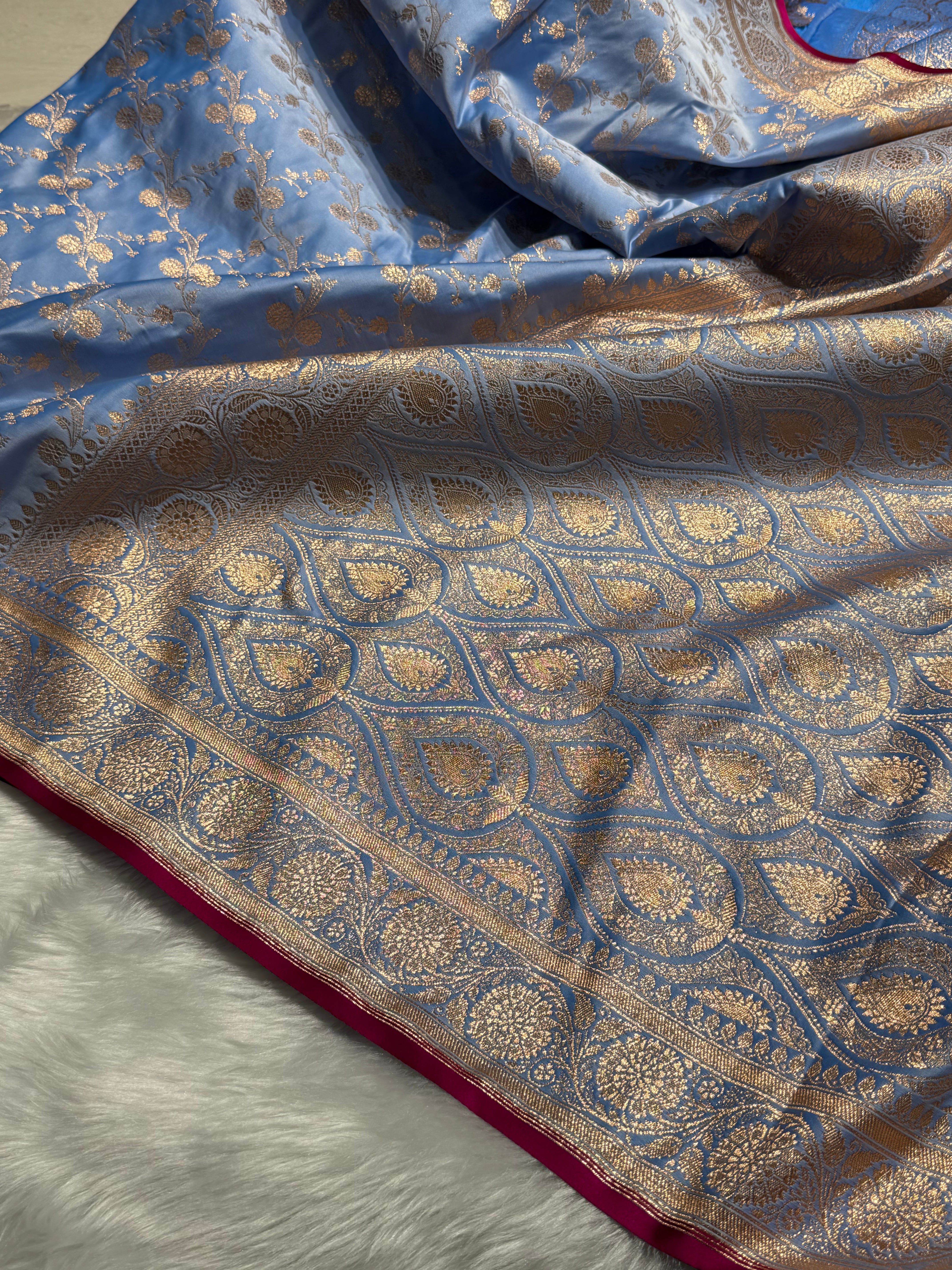 Nile Blue Cross Satin Katan Silk Saree SK17