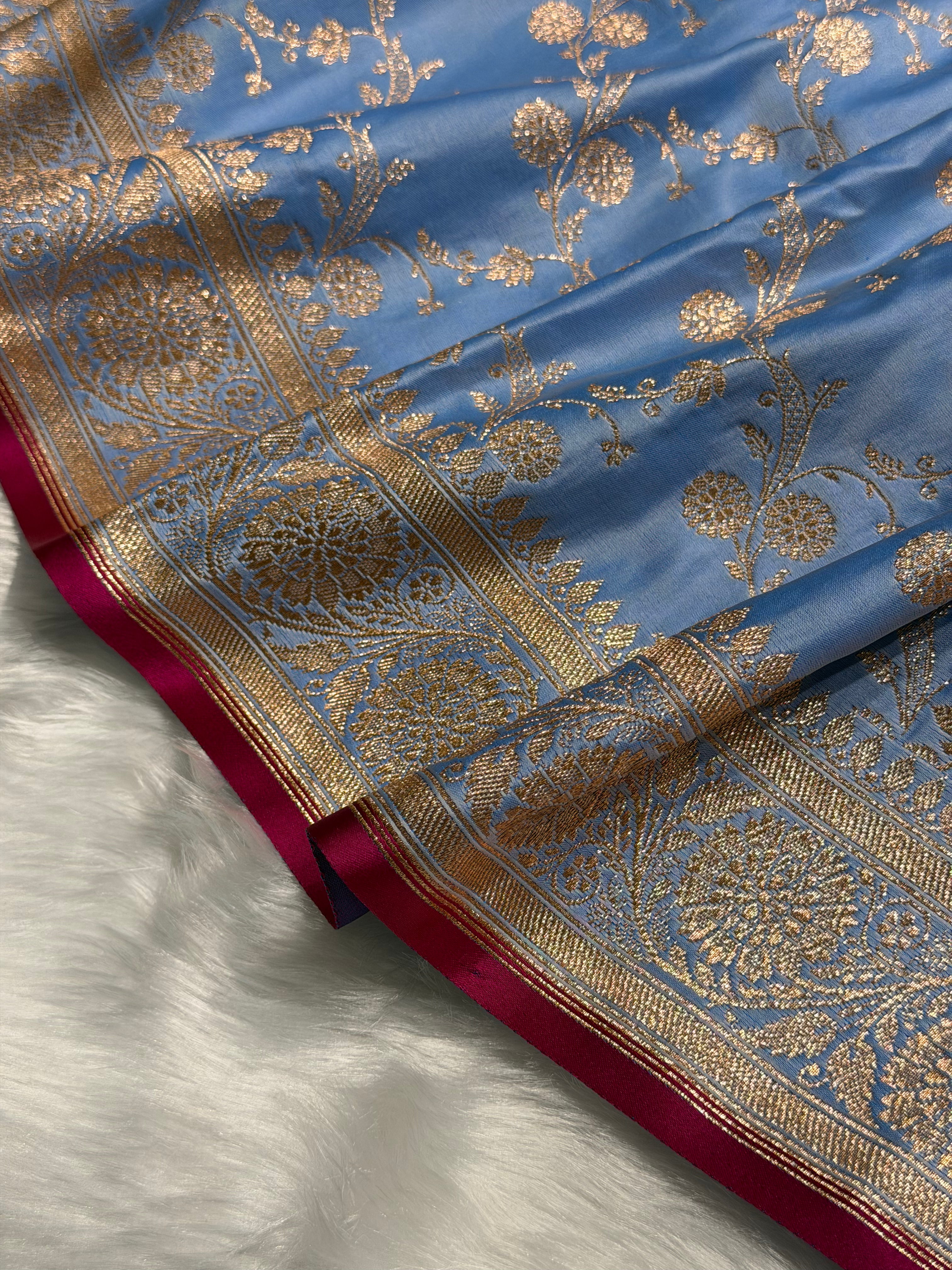 Nile Blue Cross Satin Katan Silk Saree SK17