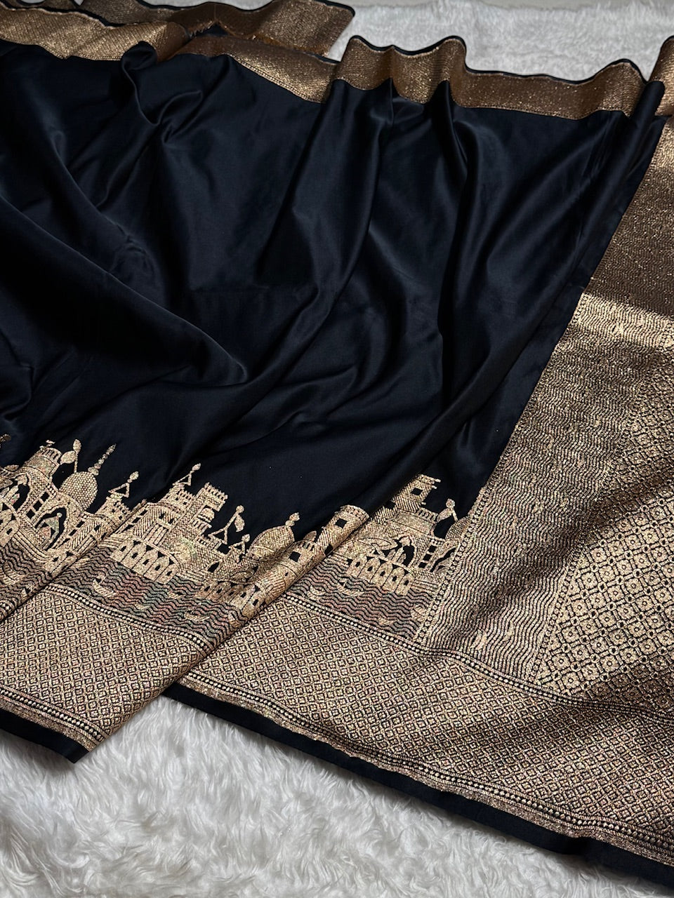 Black Banarasi Ghat Pattern Satin Katan Silk saree SK33