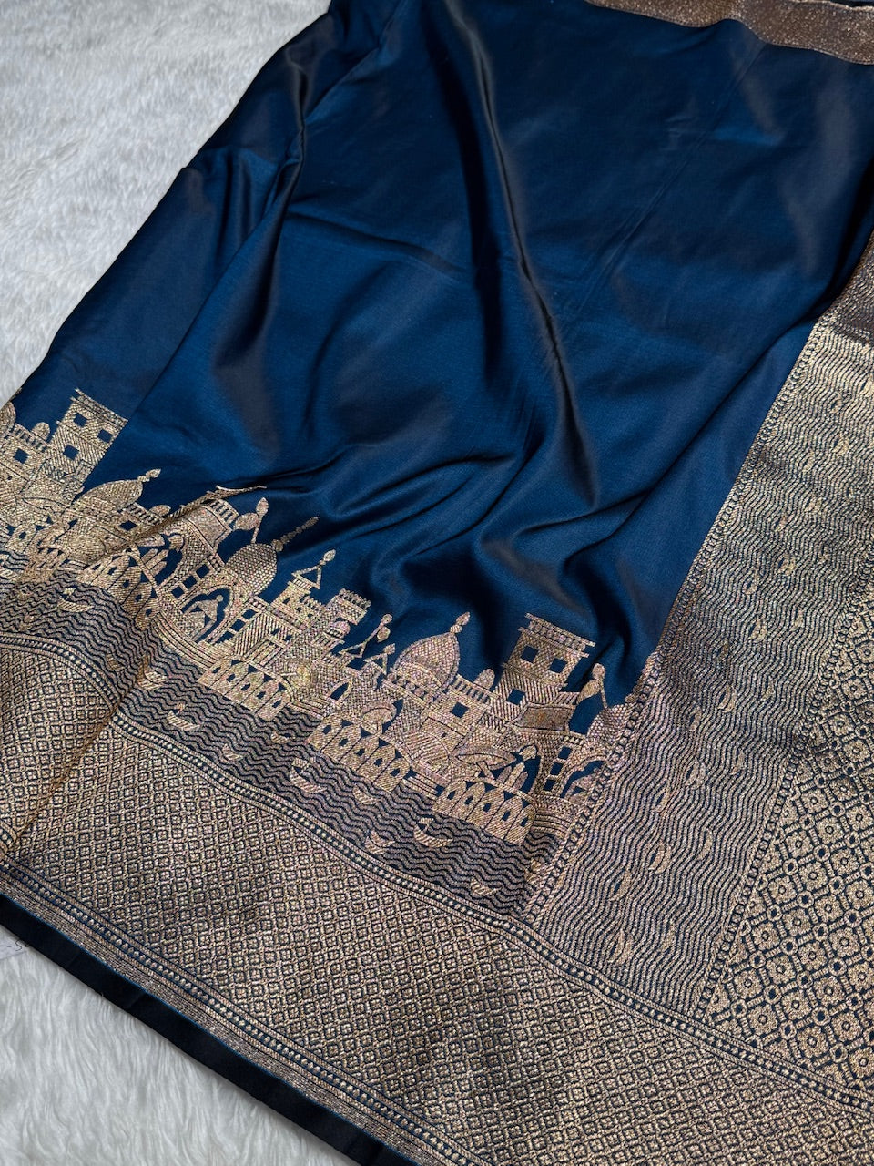 German Blue Banarasi Ghat Pattern Satin Katan Silk saree