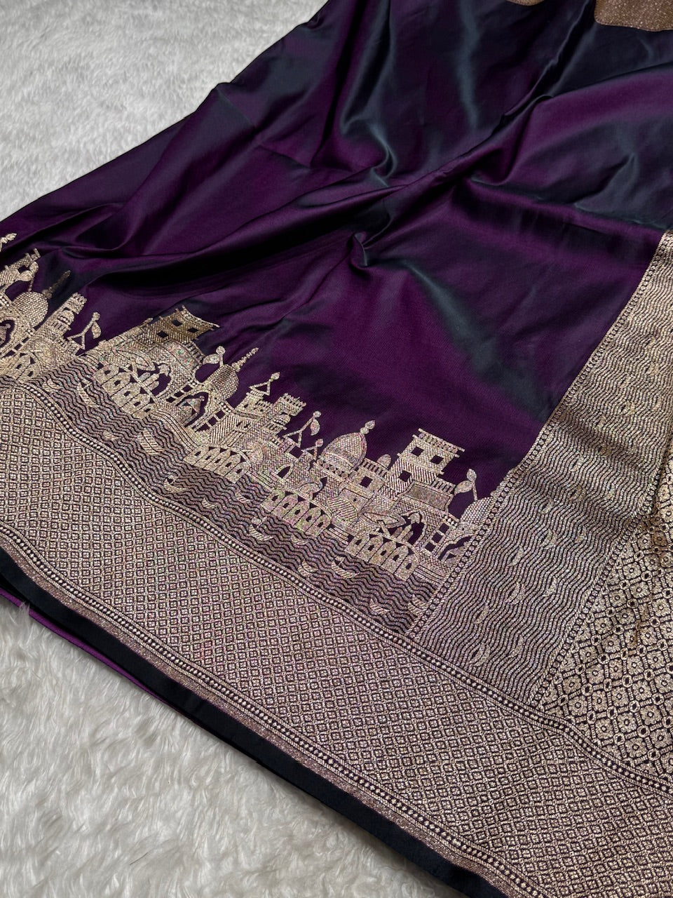Purple Banarasi Ghat Pattern Satin Katan Silk saree SK33