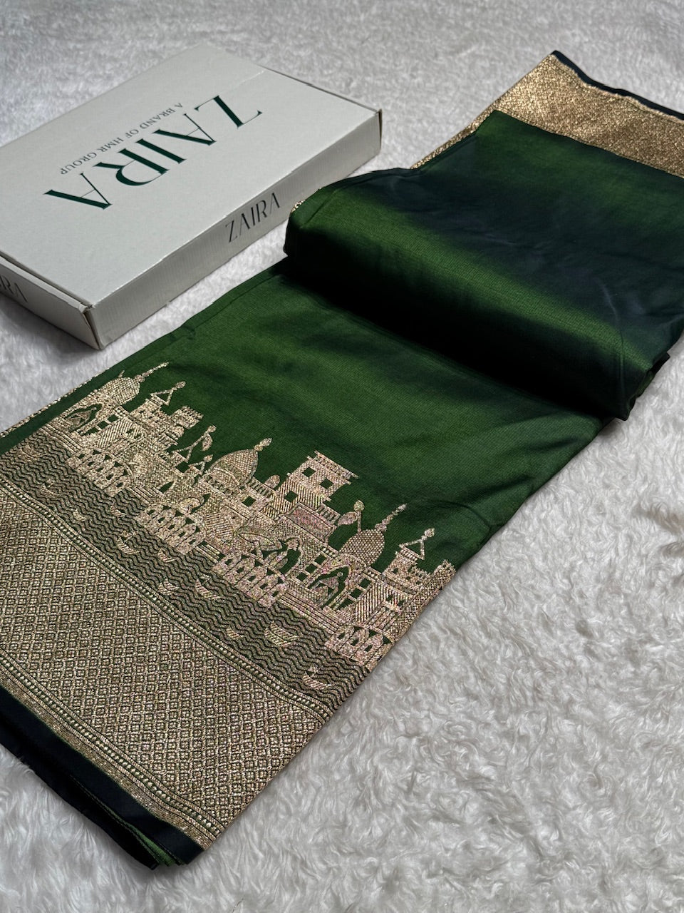 Mehandi Banarasi Ghat Pattern Satin Katan Silk saree