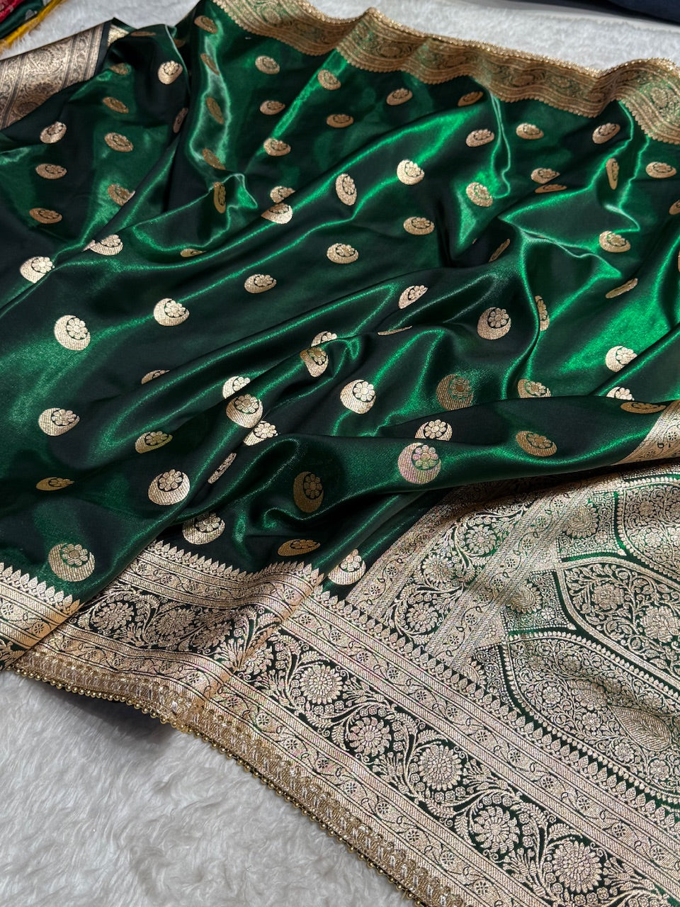 Bottle Green Chand Tara Satin Silk Saree with Gotta Patti