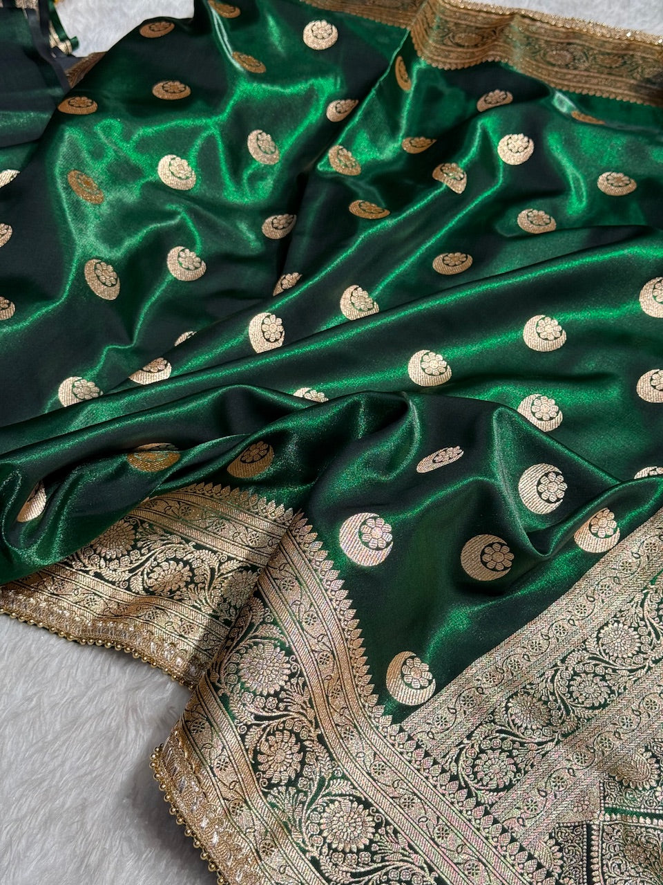 Bottle Green Chand Tara Satin Silk Saree with Gotta Patti
