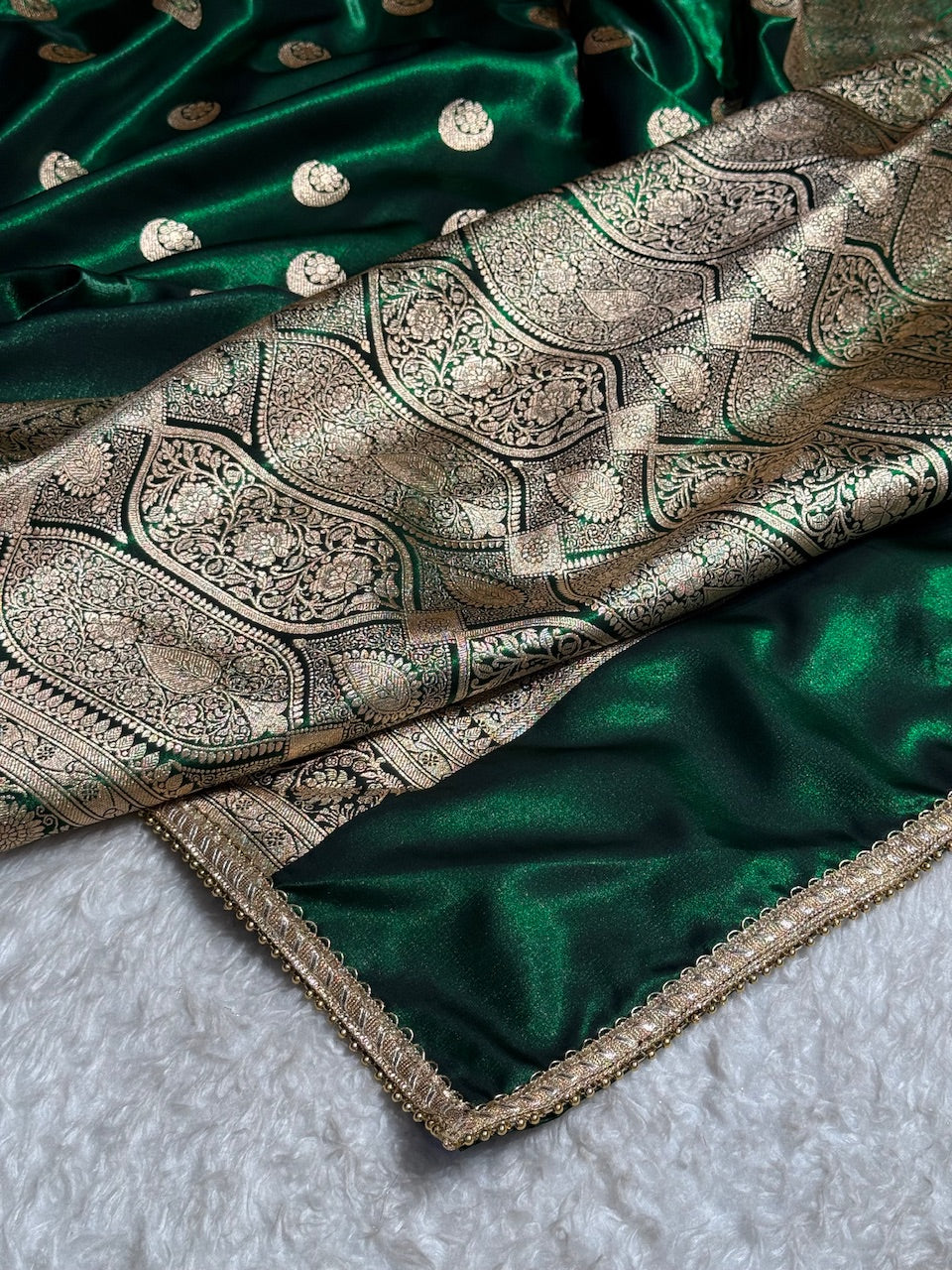 Bottle Green Chand Tara Satin Silk Saree with Gotta Patti