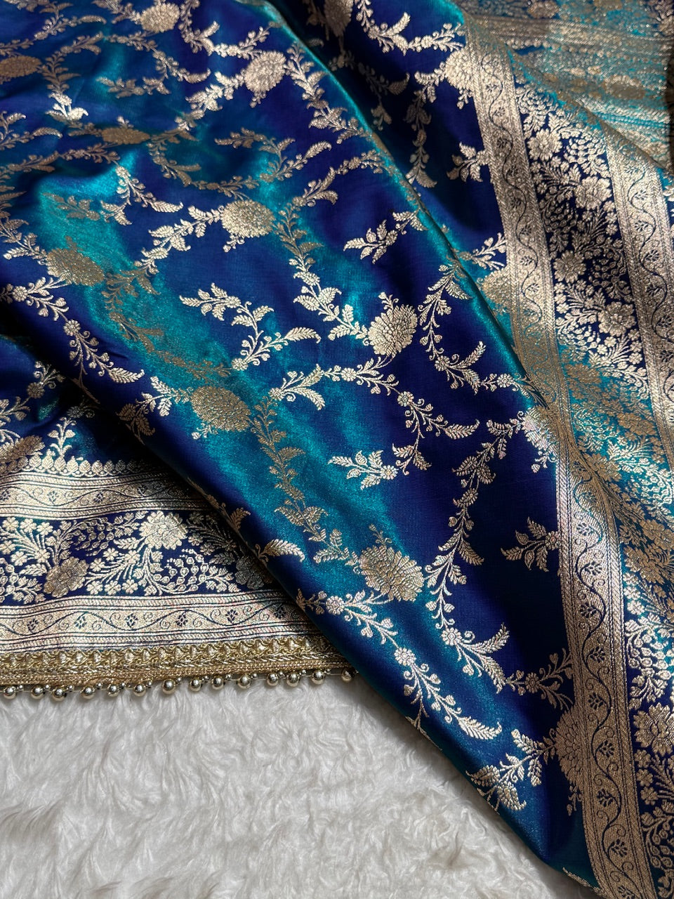 Peacock Jaal Satin Silk Saree with Gotta Patti