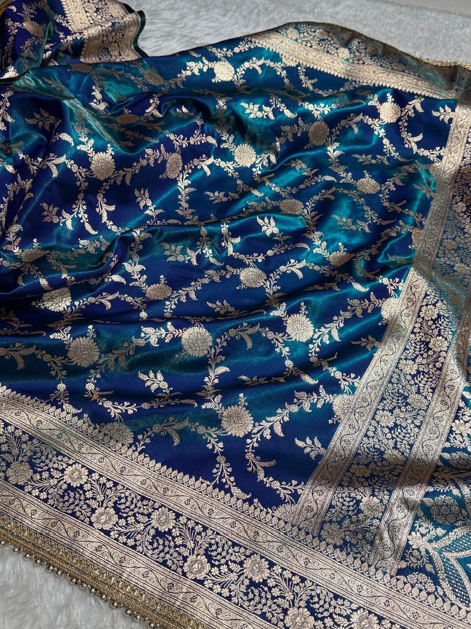 Peacock Jaal Satin Silk Saree with Gotta Patti