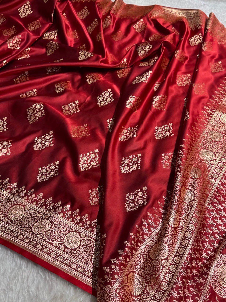 Maroon Floral Boota Satin Katan Silk saree SK35