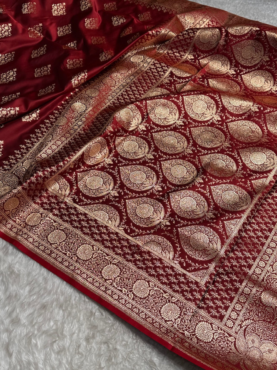 Maroon Floral Boota Satin Katan Silk saree SK35