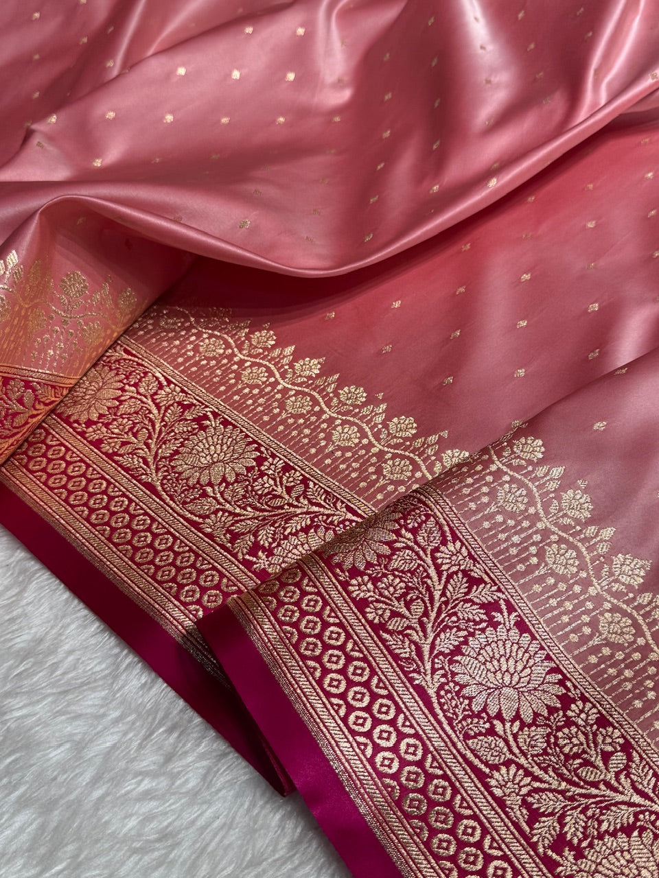 Baby Pink with Wine shades Booti Satin Katan Silk saree SK36
