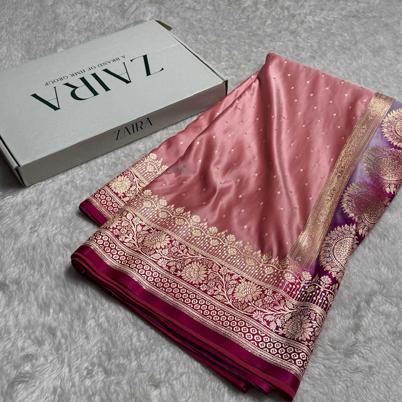 Baby Pink with Wine shades Booti Satin Katan Silk saree SK36