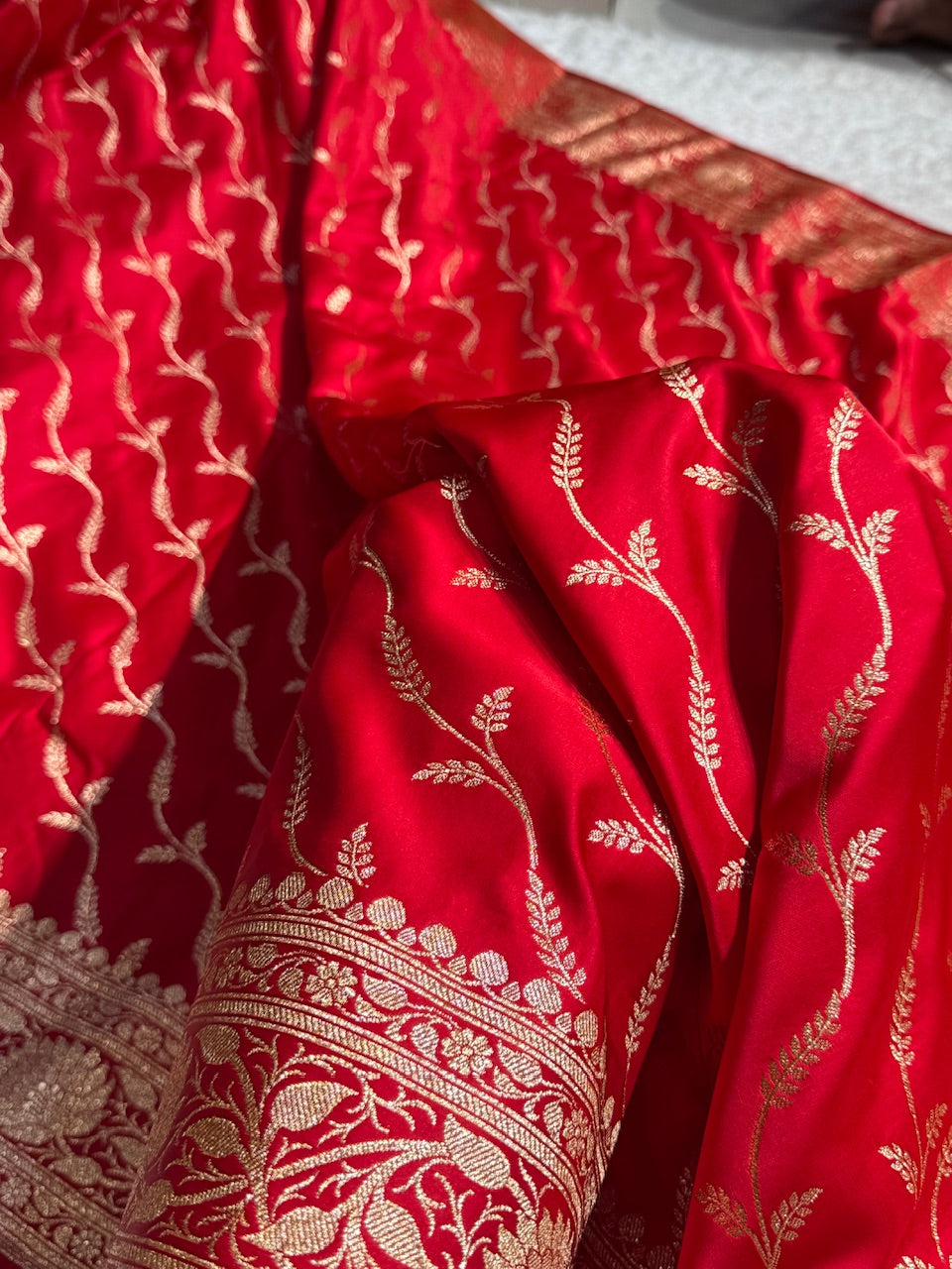 Red Cross Pattern Satin Katan Silk saree SK37