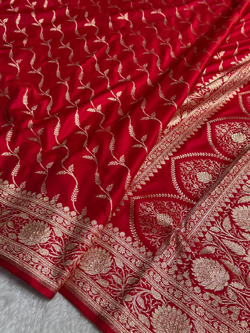 Red Cross Pattern Satin Katan Silk saree SK37