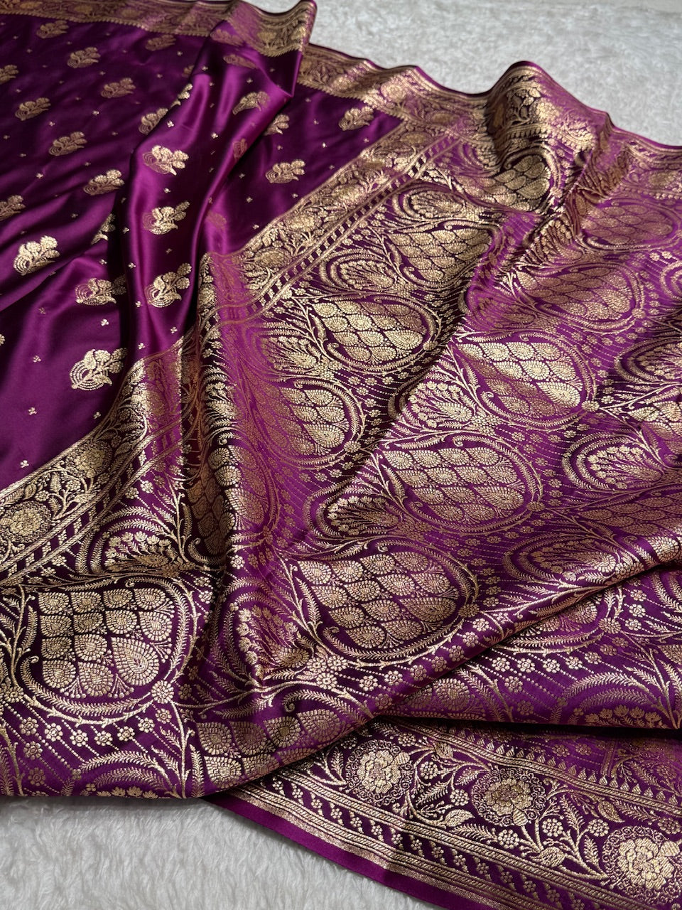 Purple Floral Boota Pattern Satin Katan Silk saree