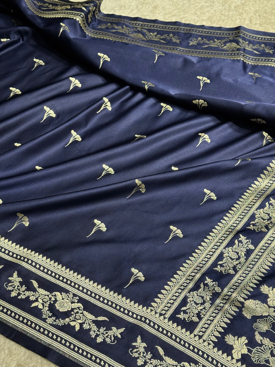 Navy Blue Floral Booti Mashru Silk Saree