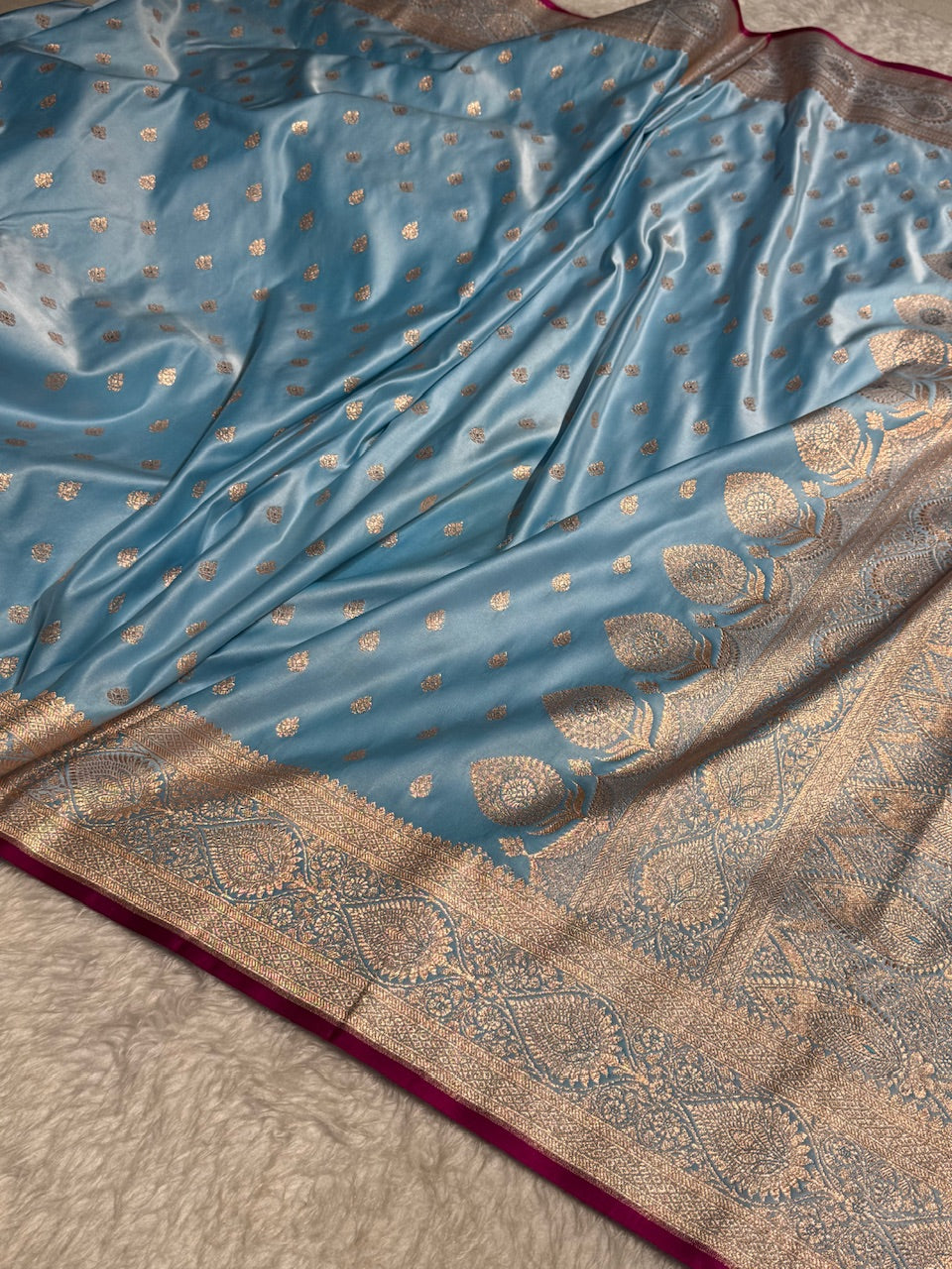 Sky Blue Booti Satin Katan Silk Saree SK10