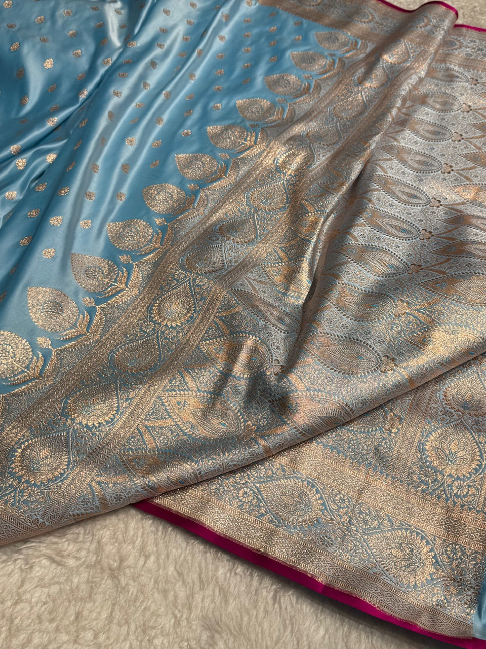 Sky Blue Booti Satin Katan Silk Saree SK10