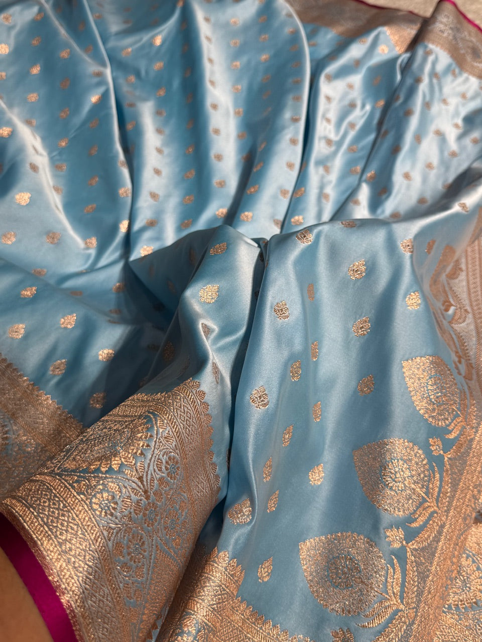 Sky Blue Booti Satin Katan Silk Saree SK10