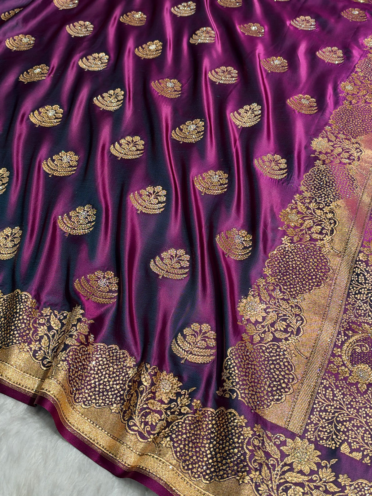 Wine Unique Swarovski Stone Work Boota Pattern Satin Katan Silk Saree BSK70