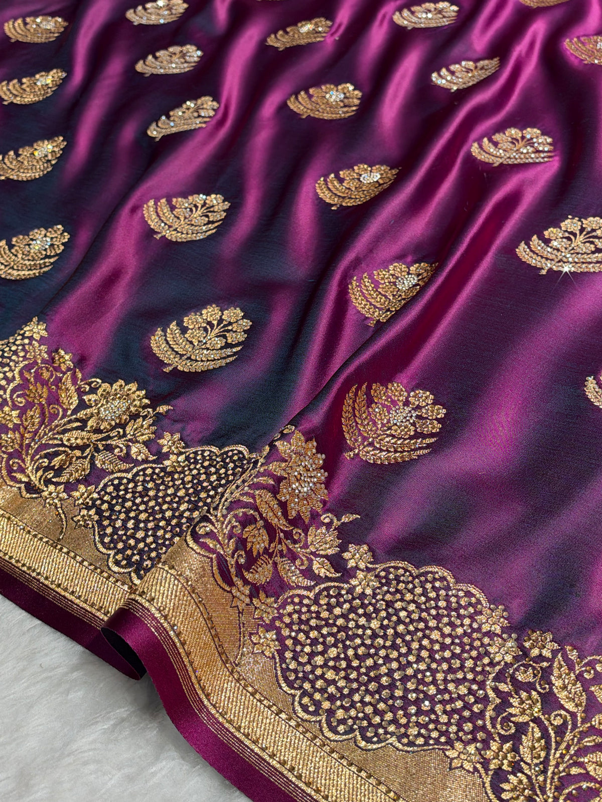Wine Unique Swarovski Stone Work Boota Pattern Satin Katan Silk Saree BSK70