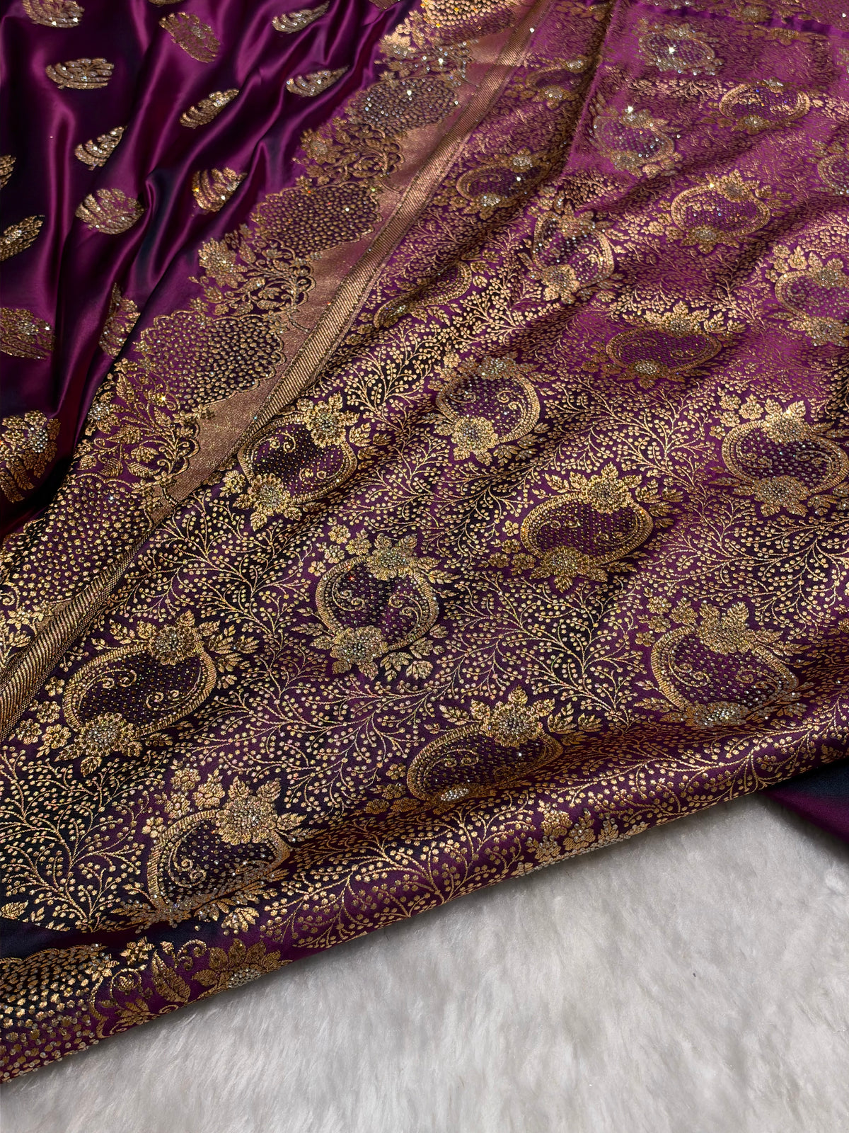 Wine Unique Swarovski Stone Work Boota Pattern Satin Katan Silk Saree BSK70