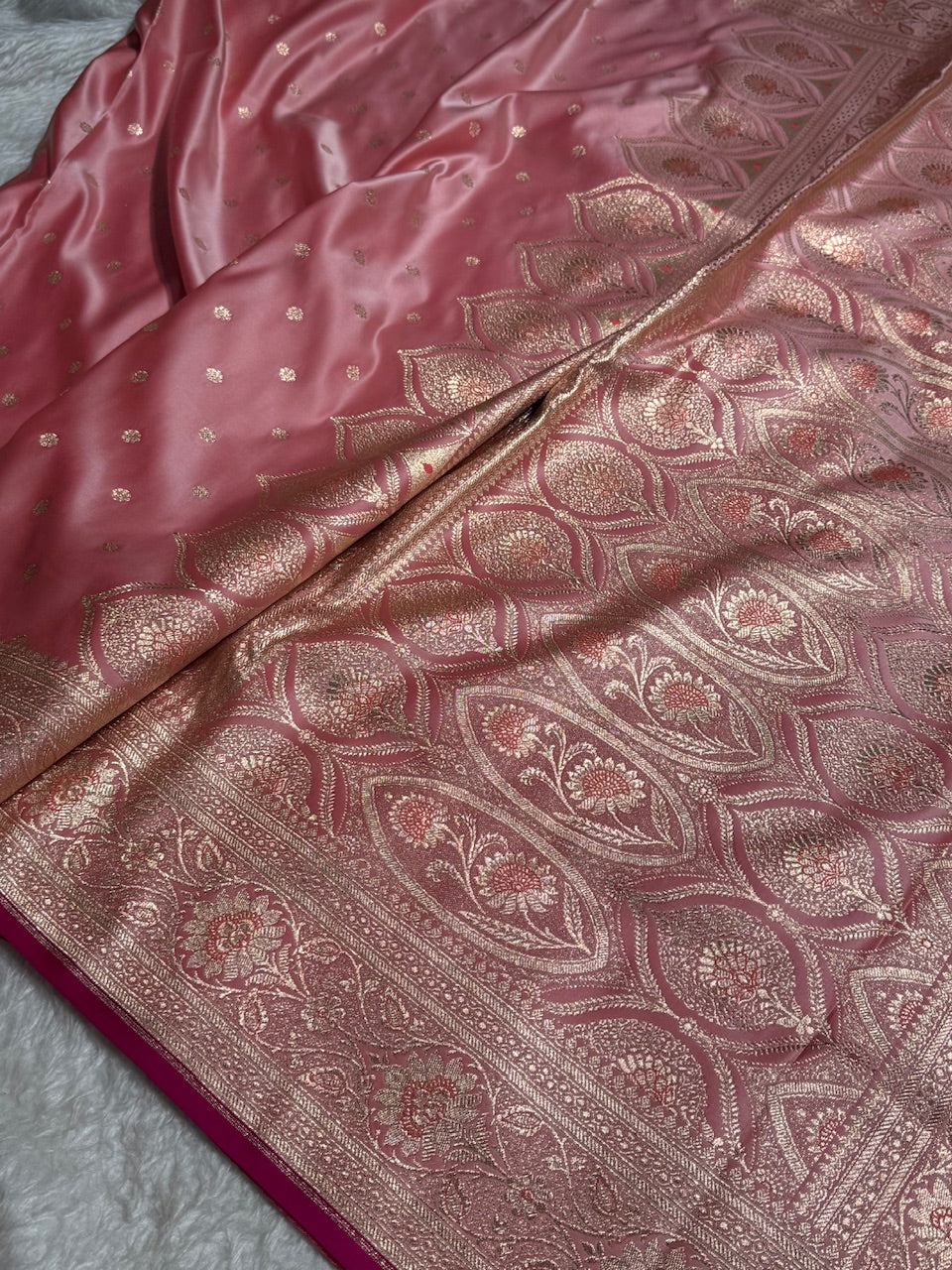 Baby Pink Booti Satin katan Silk Saree SK11