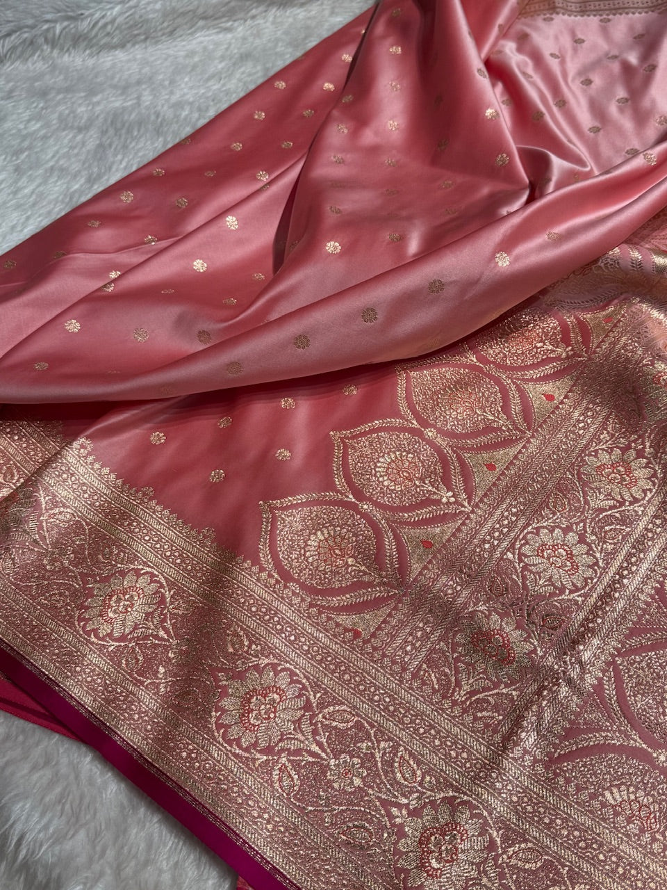 Baby Pink Booti Satin katan Silk Saree SK11