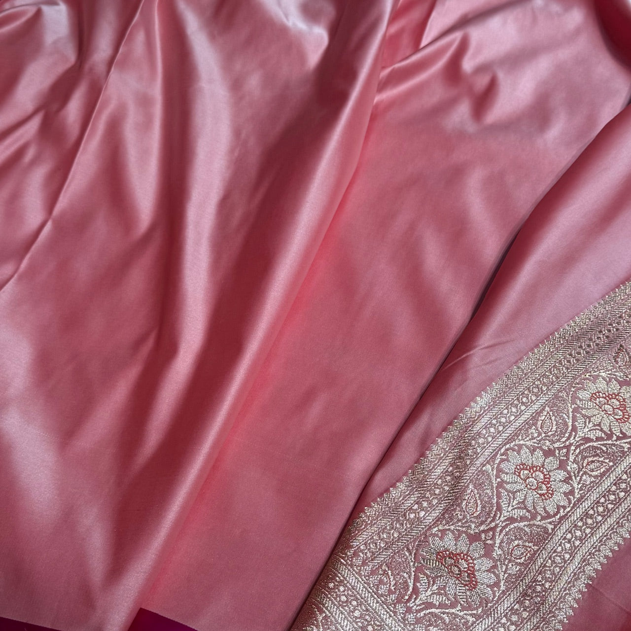 Baby Pink Booti Satin katan Silk Saree SK11