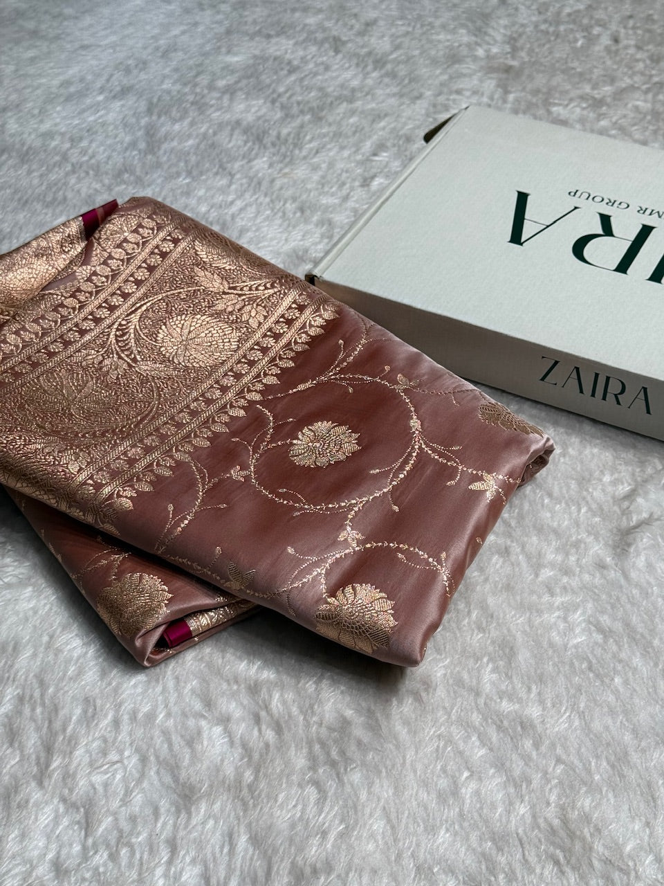 Rose Gold Banarasi Jaal Satin Katan Silk Saree SK06