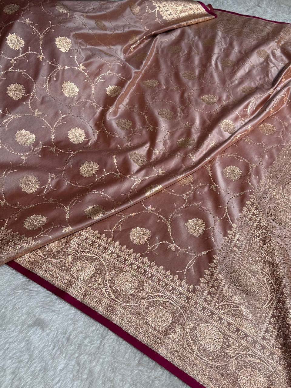Rose Gold Banarasi Jaal Satin Katan Silk Saree SK06