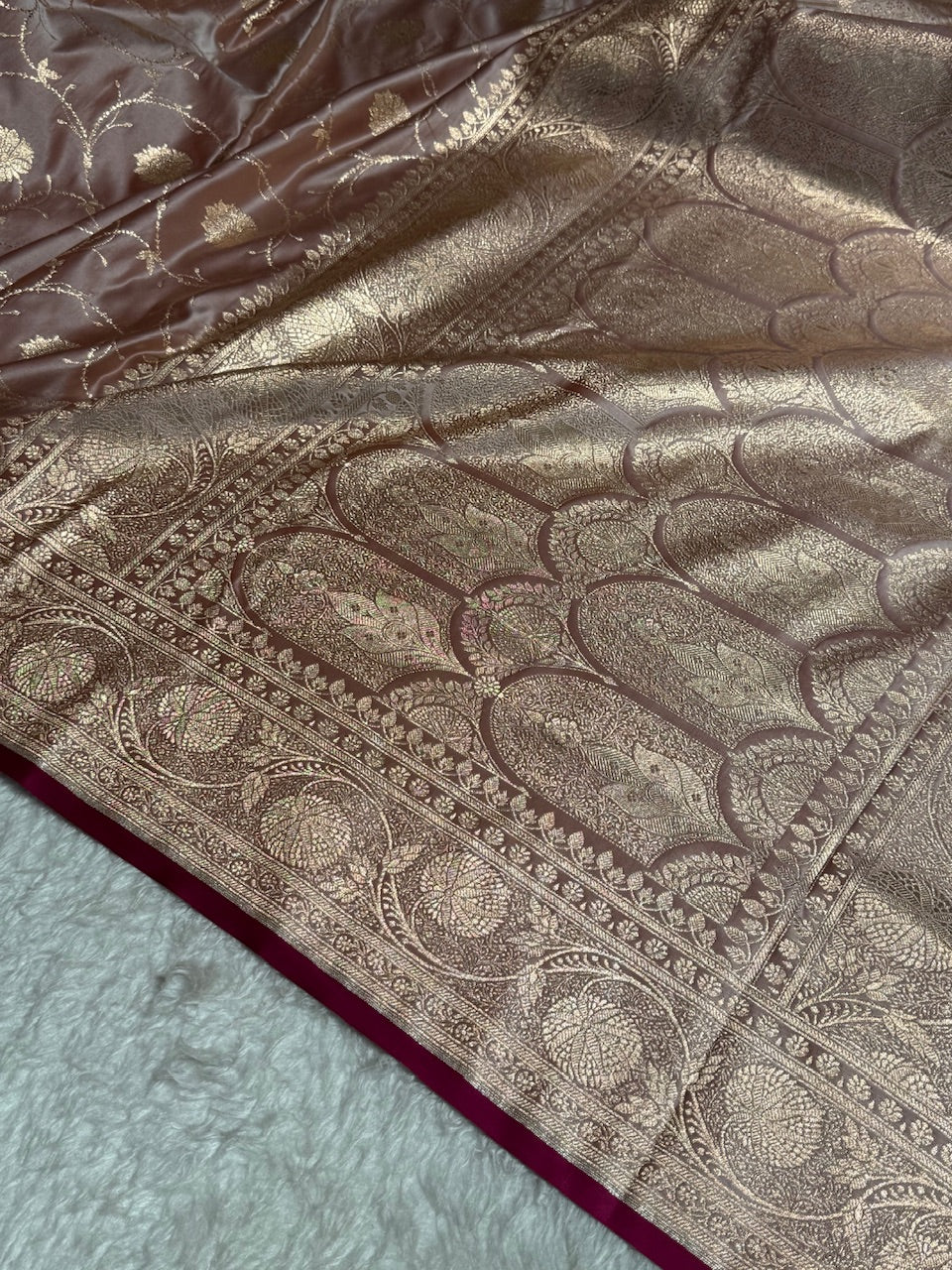 Rose Gold Banarasi Jaal Satin Katan Silk Saree SK06
