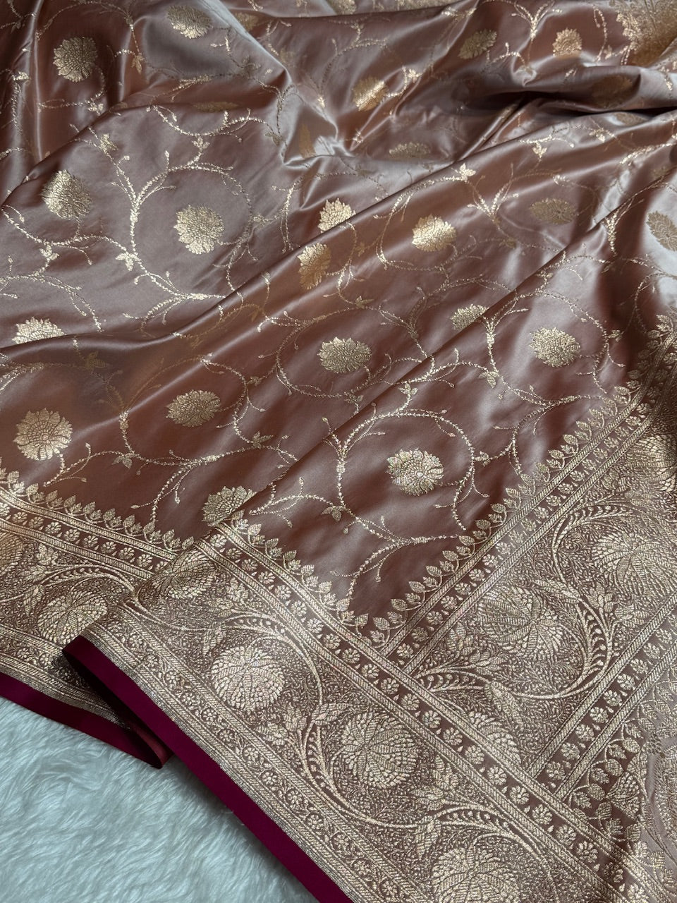 Rose Gold Banarasi Jaal Satin Katan Silk Saree SK06