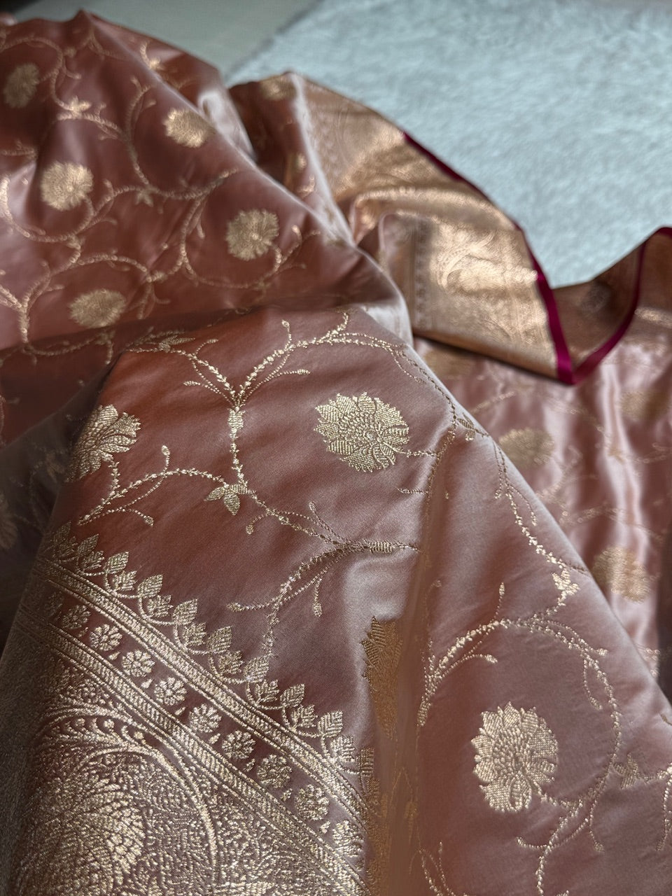 Rose Gold Banarasi Jaal Satin Katan Silk Saree SK06