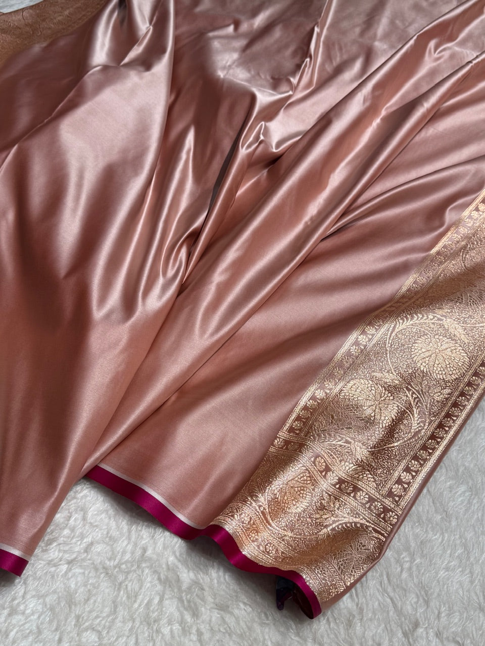 Rose Gold Banarasi Jaal Satin Katan Silk Saree SK06