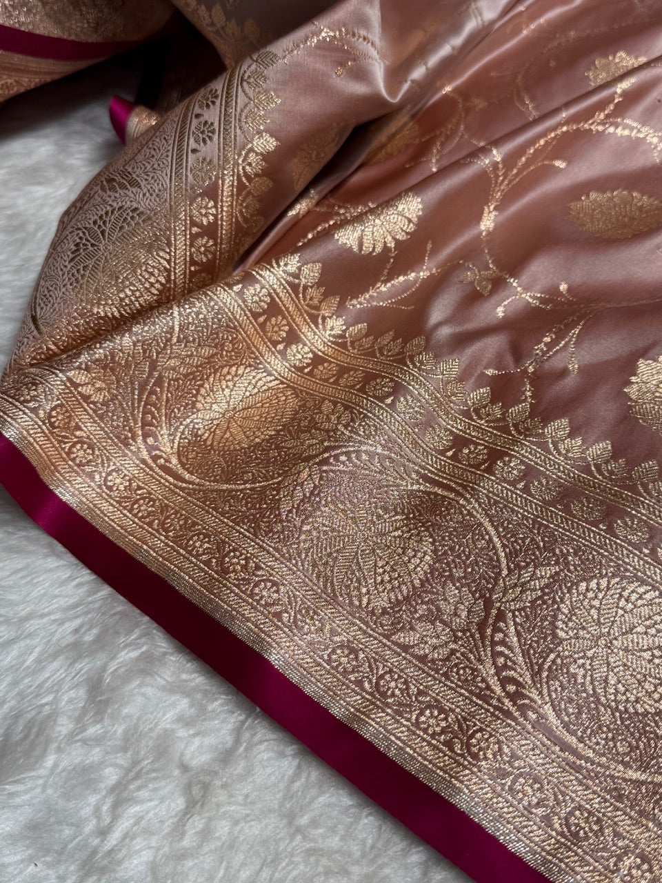 Rose Gold Banarasi Jaal Satin Katan Silk Saree SK06