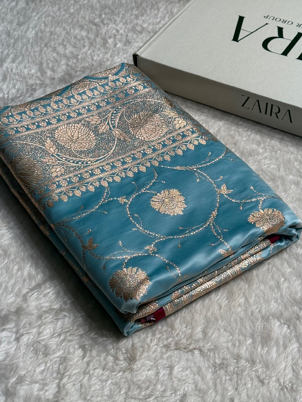 Sky Blue Banarasi Jaal Satin Katan Silk Saree SK06