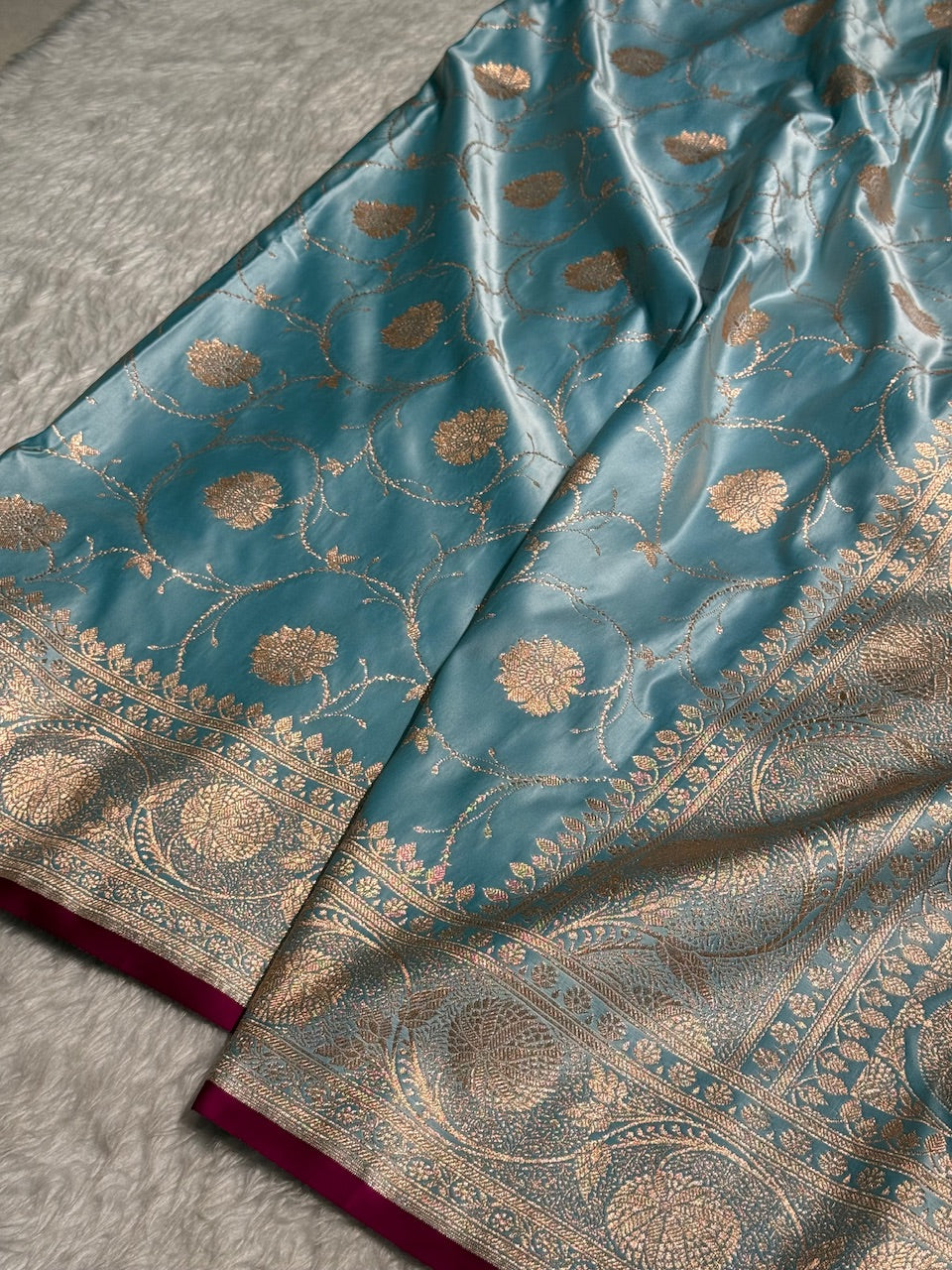 Sky Blue Banarasi Jaal Satin Katan Silk Saree SK06