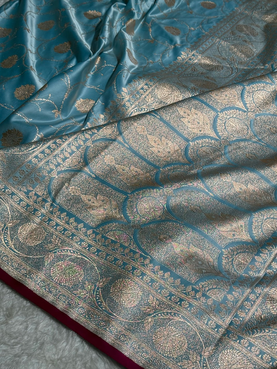 Sky Blue Banarasi Jaal Satin Katan Silk Saree SK06