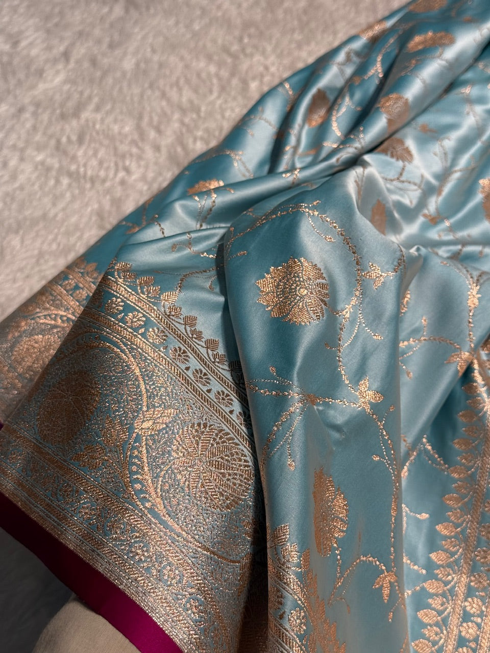 Sky Blue Banarasi Jaal Satin Katan Silk Saree SK06