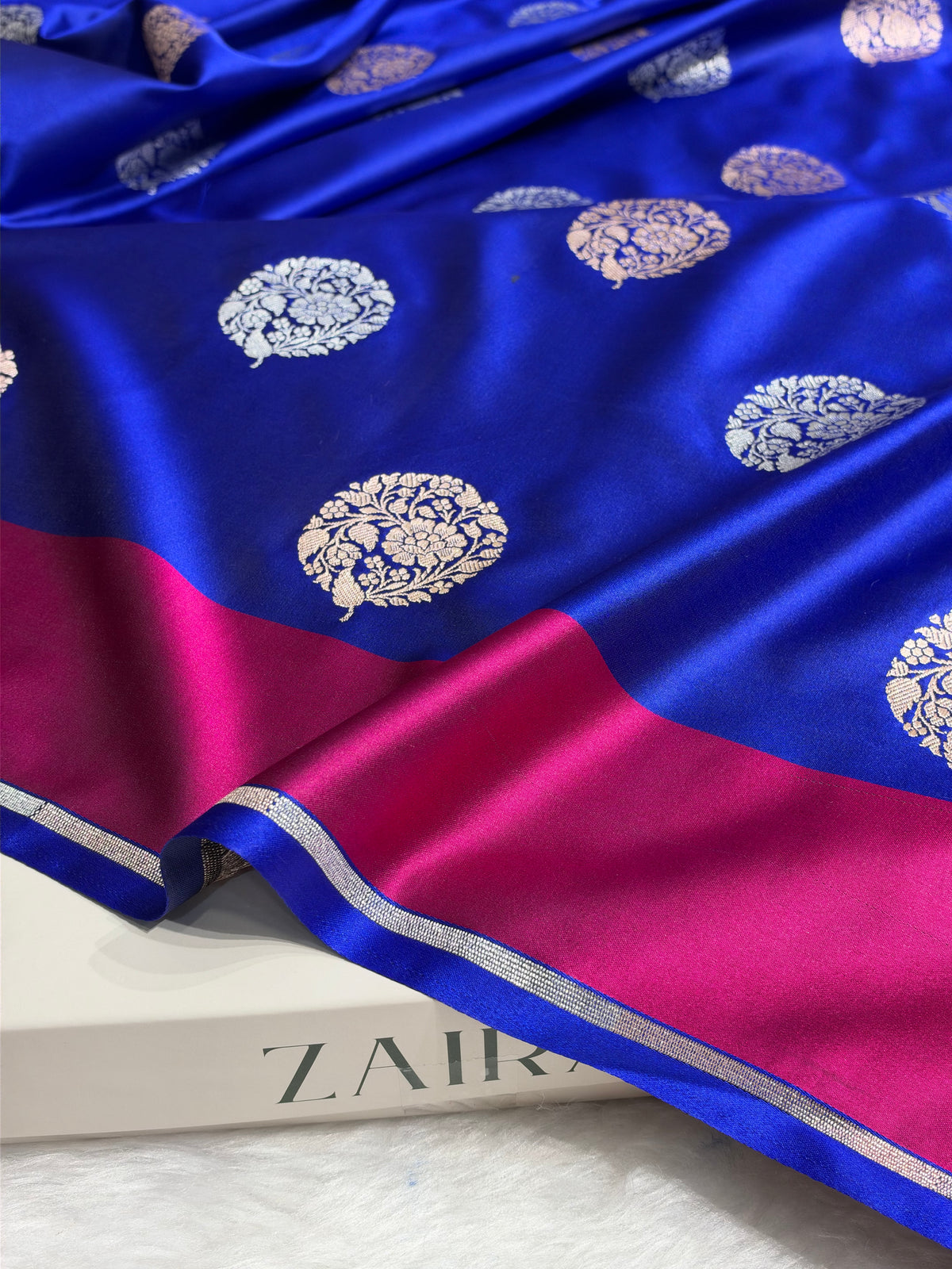 Royal Blue Saree With Rani Border in Floral Pattern Mashru Silk Saree MSM-145