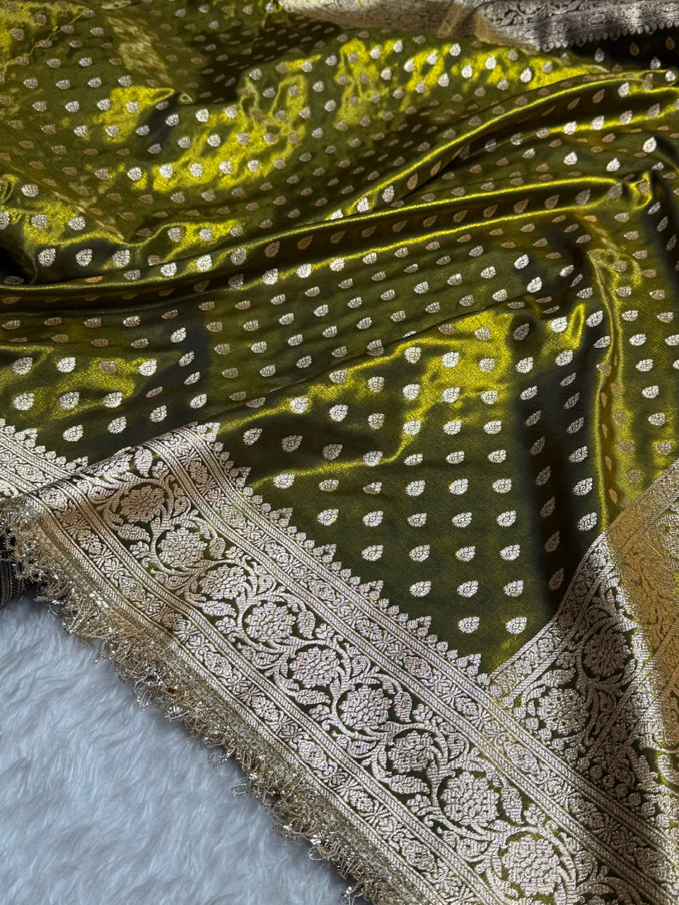 Mehandi Shades Satin Silk Banarasi Saree with Gota Patti SSGP01