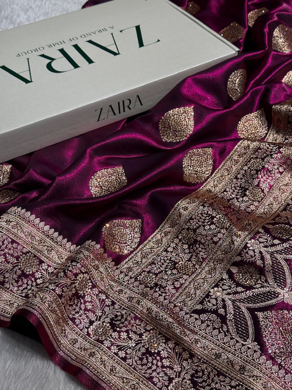 Wine Shades Banarsi Satin Silk Boota with Stone Work