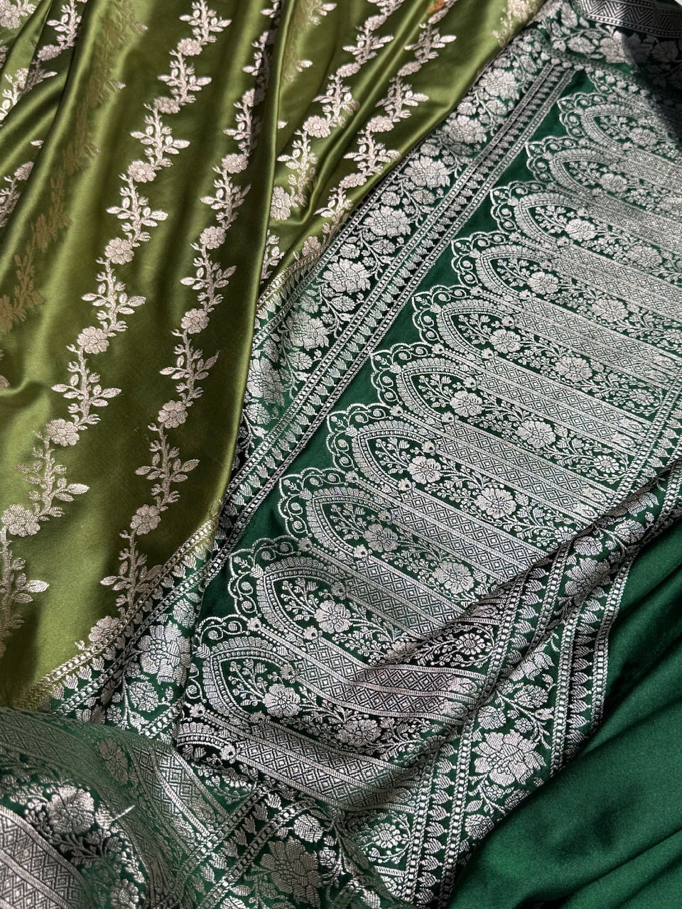 Mehandi Mashru Silk Saree Cross Pattern