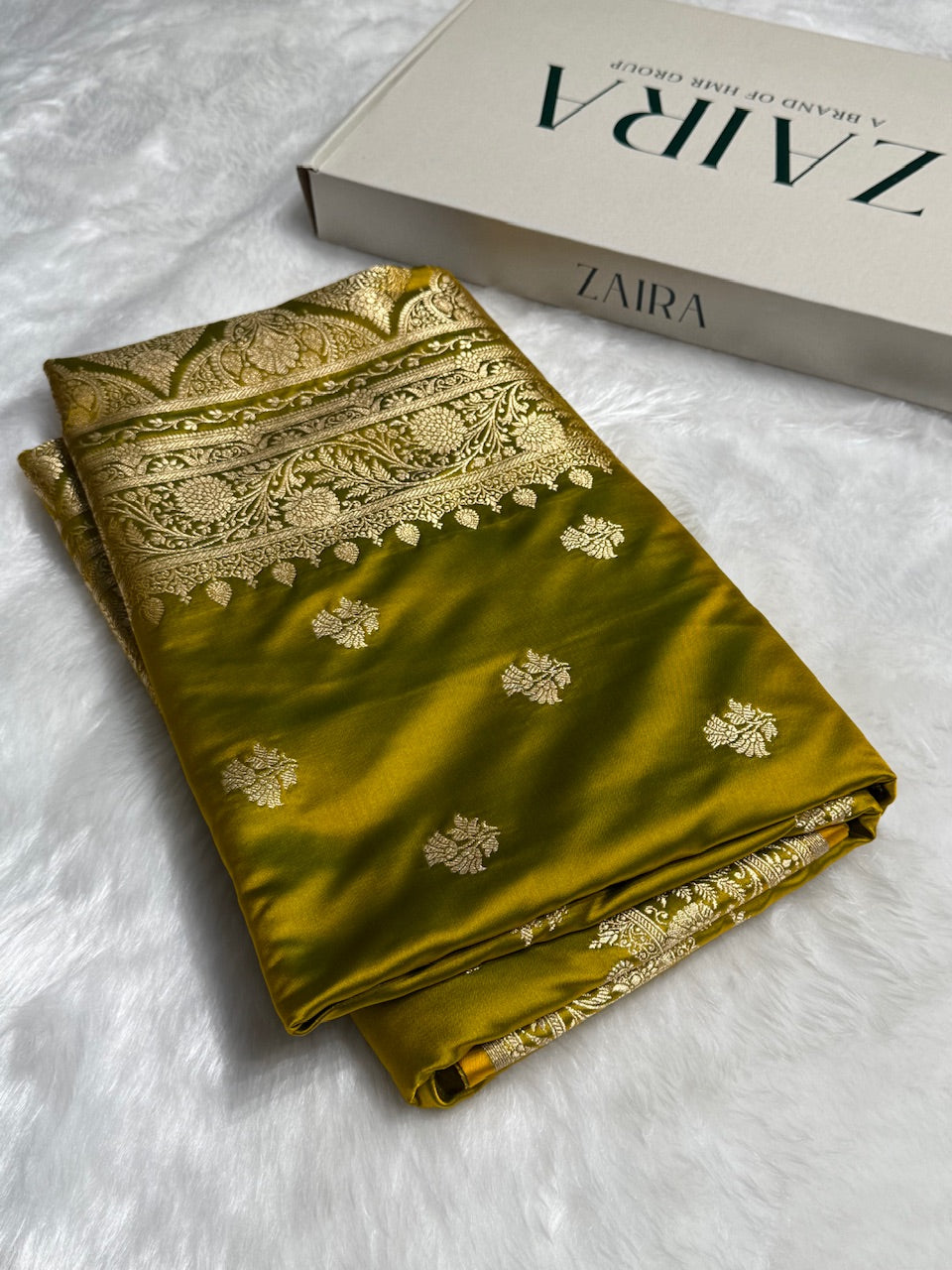 Neon Gold Floral Boota Satin Katan Silk saree SK32