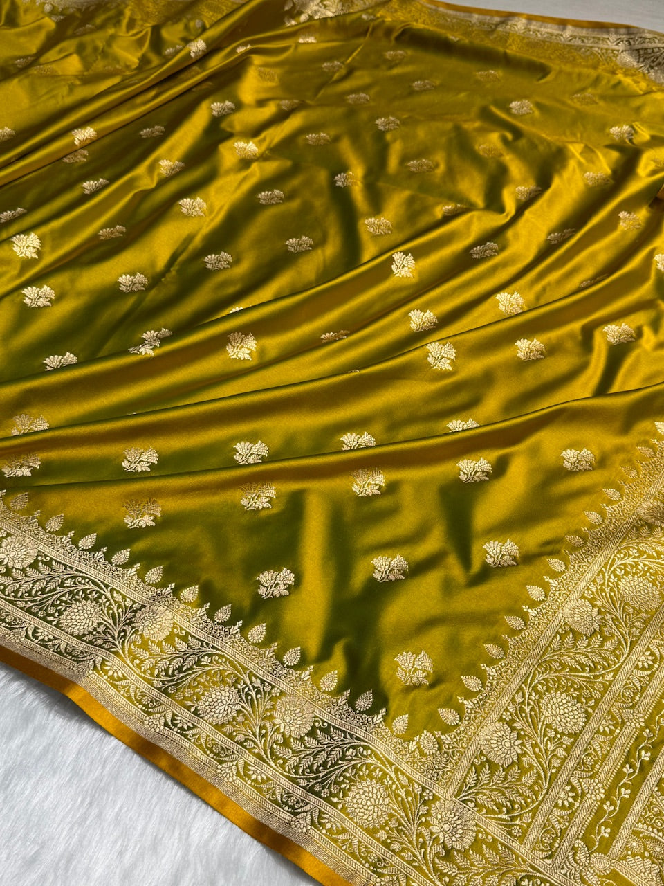 Neon Gold Floral Boota Satin Katan Silk saree SK32