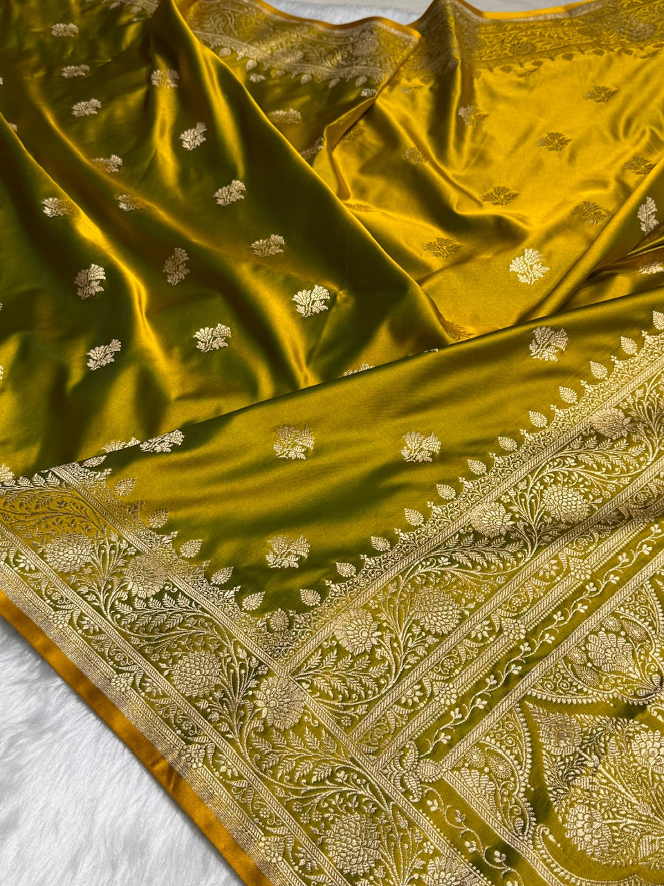 Neon Gold Floral Boota Satin Katan Silk saree SK32