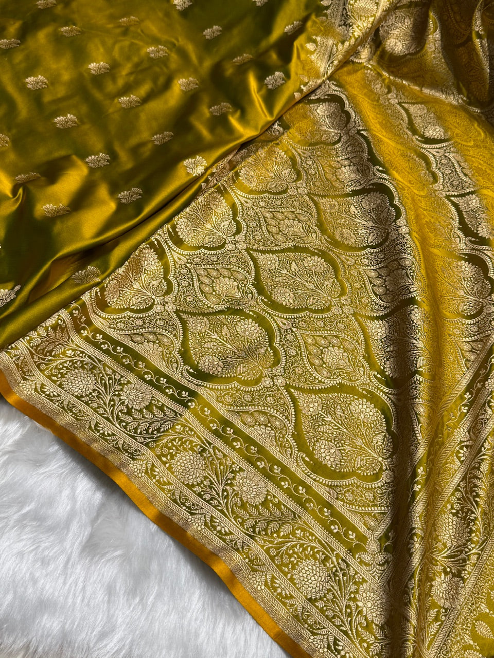Neon Gold Floral Boota Satin Katan Silk saree SK32