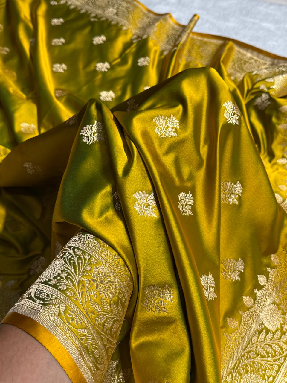 Neon Gold Floral Boota Satin Katan Silk saree SK32
